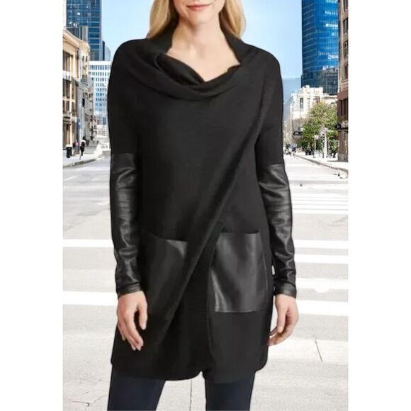 BLANKNYC Cotton Cardigan Women’s‎ M Drape Front Faux Leather Jacket Whimsigoth - Picture 1 of 11